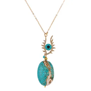 Colliers pendentifs en pierre naturelle Turquoise plaqué or, breloque mauvais œil, bijoux de mode, pour femmes et filles