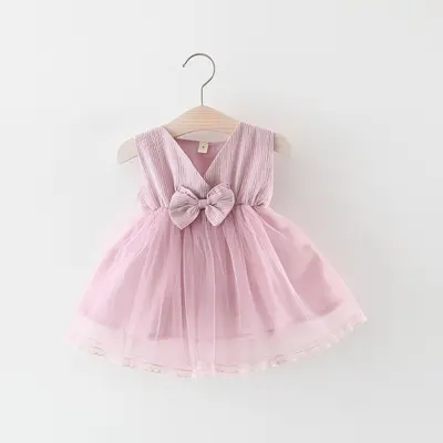 Hao Baby Girls Wear 2022 Summer Solid Color Kid Waist Large Bow Net Skirt Children Summer Skirt Dress
