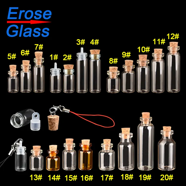 الجملة 0.5 مللي إلى 5 مللي صغيرة صغيرة واضحة تجعيد الرقبة قوارير الزجاج زجاجة مع الفلين أعلى للهدايا crfats