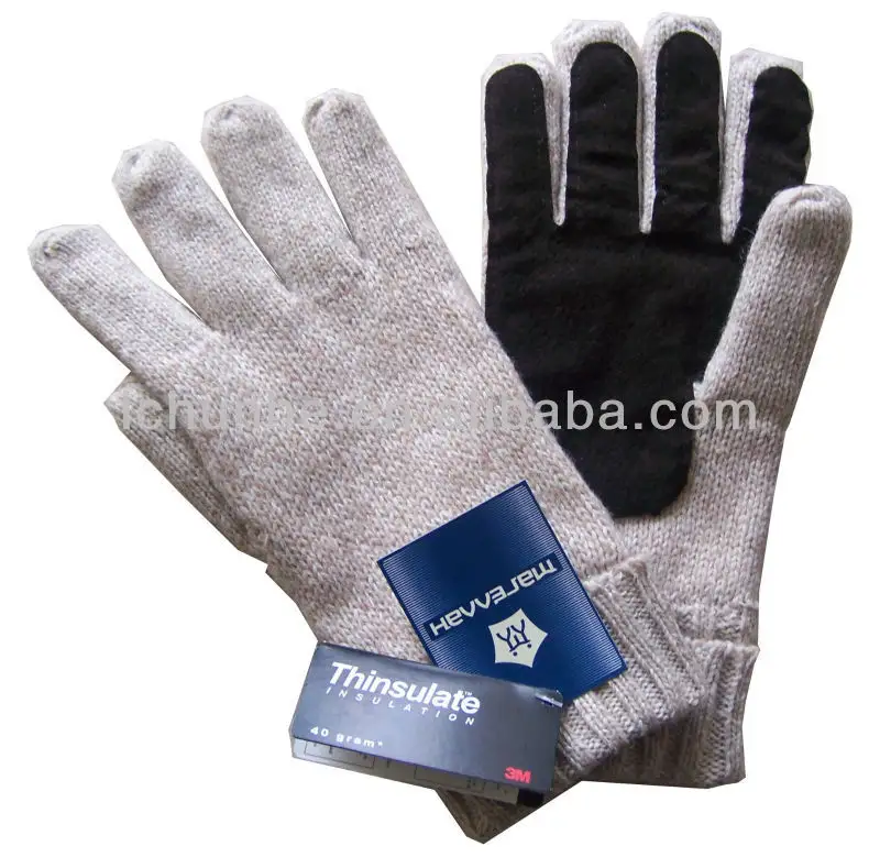 acrylic knitted winter leather gloves with antislip leather on palm glove factory