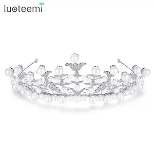 LUOTEEMI Bride Headbands Wedding Hair Accessories Wedding Pageant Tiaras Crown Fashion Pearls Bridal Wedding Big Tiara Crowns