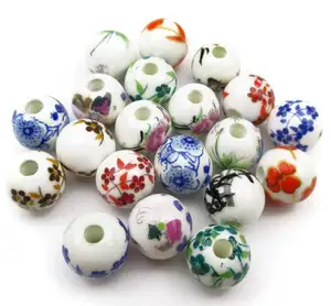 Round Exquisite Oblate Ceramic Porcelain Flower Decal Spacer Beads Traditional Chinese Style