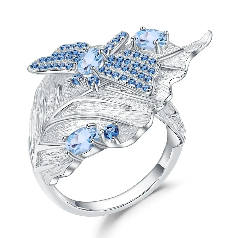 Blijvende Hete Verkoop Natuurlijke Edelsteen Zwitserse Blauwe Topaas Sieraden Blad Ringen 925 Sterling Zilveren Mode Ring Voor Meisjes