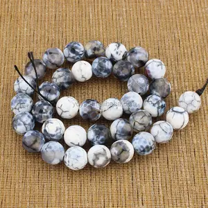AB0489 Black White Fire Dragon Veins Agate Faceted Round Beads