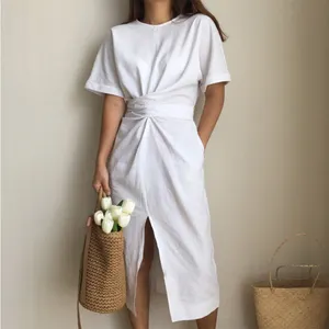 Fashion Vintage Summer Ladies Women White Linen Casual Dresses Muslim Dresses For Women