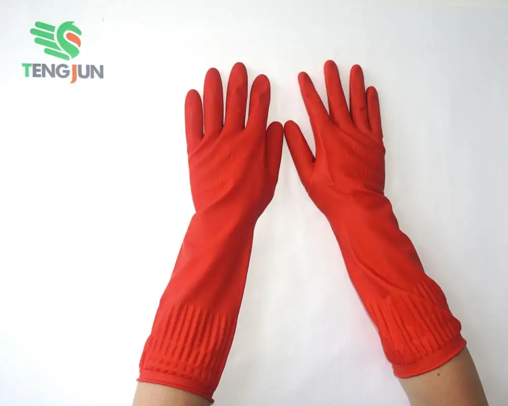 Keuken hand handschoenen huishoudelijke handschoenen volledige arm vrouwen vijf vinger reiniging handschoen met schuursponsje