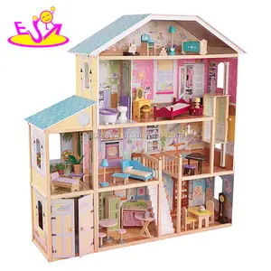 New design luxurious and attractive 32 furniture pieces girls wooden doll house toys W06A217