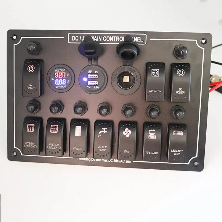 Panel de control de interruptor basculante de CA/CC LED marino automático para coche, impermeable, 10 entradas, con interruptor de circuito y derivación
