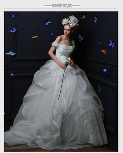 Nouveaux Modèles Appliques A-ligne Off-épaule Cap Manches Parole longueur De Mariée Organza Rose robes De Mariée WD1814 - Product Image 4