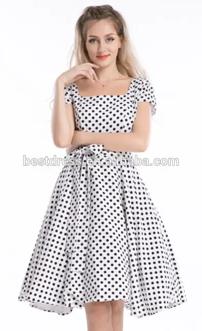 Hot vente online 2014 bestdress new vintage blanc avec des pois noirs rockabilly, robe
