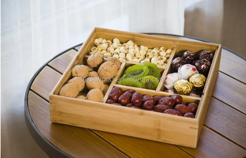 Bamboe doos Fruit en Noten Gift Lade met vier compartimenten Hout Snacks houder (5 vakken)
