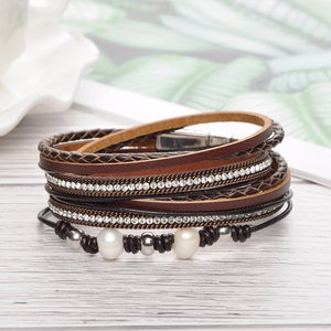 <span class=keywords><strong>Bracciale</strong></span> a più strati in vera pelle bohémien con <span class=keywords><strong>perle</strong></span> d'acqua dolce e chiusura magnetica per donna Quake - Product Image 2
