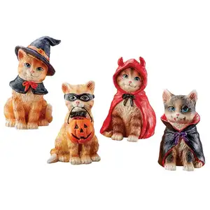 Набор из 4 красивых статуй кошки из смолы, украшение на Хэллоуин