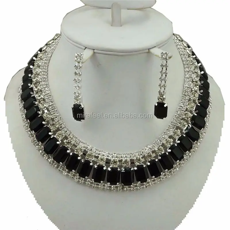 Conjunto de joyas grandes para disfraz, diamantes negros, plata, moda
