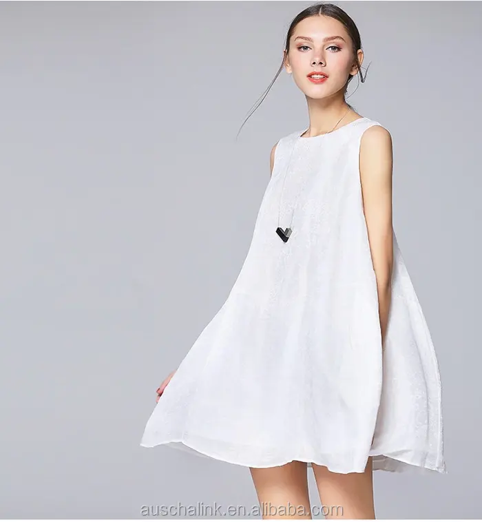 Vendita calda estate della signora semplice bianco ricamo abito di lino made in china