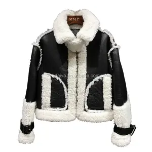 Giacca da donna in Shearling di pelle di pecora nera cappotto in pelle di pelliccia di agnello Double Face