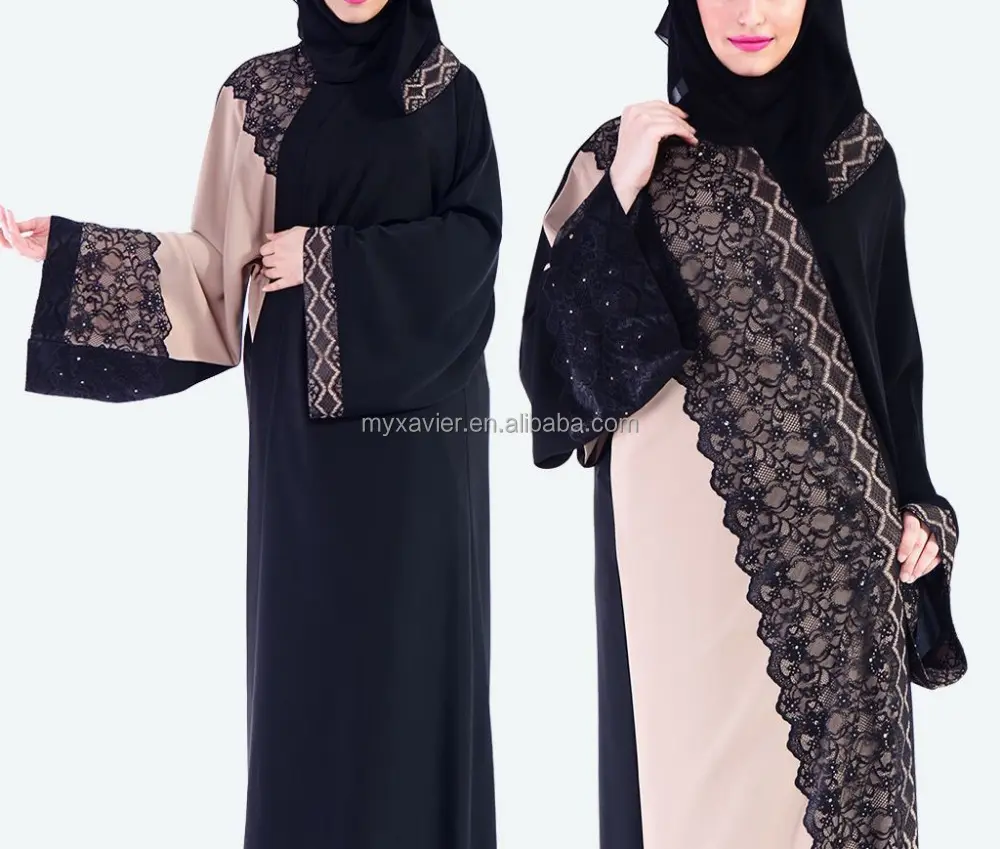 Anteriore aperto con bottoni giù abaya con diritto maniche di pizzo di modo di disegno bubai abaya mussola abito caftano