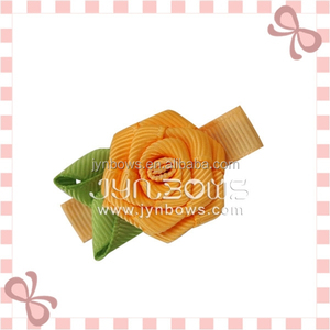 Yellow rose with leaf grosgrain ribbon, Polyester barrette for kids - Product Image 1