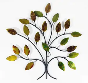 Galhos de árvore de folhas verdes de metal, decoração de casa, arte de parede