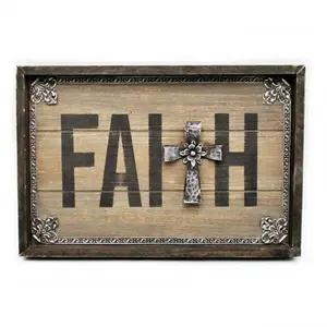 New Product Religious Wooden Wall Hanging Decor with Faith Sign Metal Carving Border and Cross Design For Home Decoration