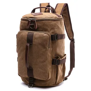 Outdoor large capacity round barrel vertical square style canvas travel rucksack backpack