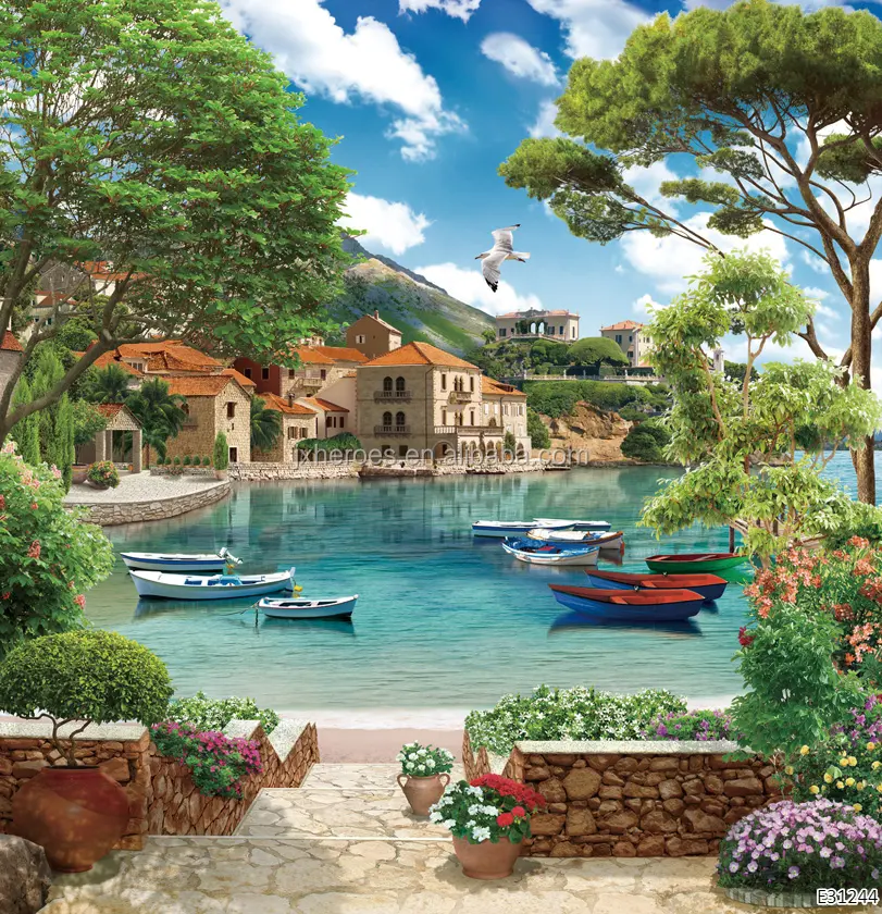 European Town and Beach Scenery Living Room TV Background Wall Mural Wallpaper 3D