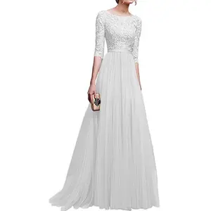 Factory Price Women's Vintage Floral Lace Floor Length Retro Formal Bridesmaid Gown