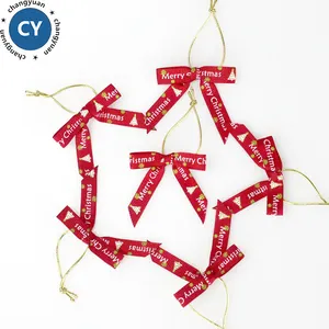 Pre made red elastic ribbon bow ,wholesale small printed christmas ribbon bow for gift packing