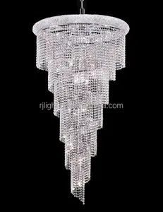 Moderna argento tromba delle scale appeso lungo in rilievo a spirale lampadario di cristallo di illuminazione per scale