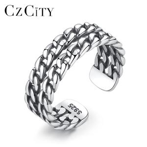 CZCITY Two Line Cuban Chain <strong>Sterling</strong> <strong>Silver</strong> Woman Popular Cute Twist Link Chain <strong>Adjustable</strong> Cuban <strong>Ring</strong> - Product Image 1