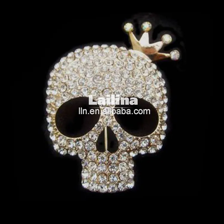 Broche feminino de estilo vintage, broche de cristal prateado, com strass, broche de cabeça de crânio personalizado