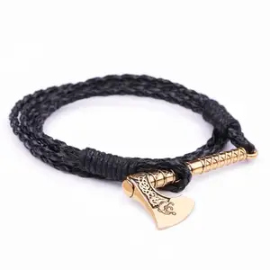 Handgemaakte Heren Sieraden Norse Viking Dragon Amulet Runen Bijl Hanger Armband Meerlagig Wrap Echt Lederen Gevlochten Armband