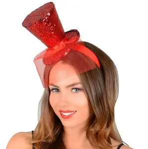 Carnaval partido sequin vermelho mini top hat headband com malha para menina