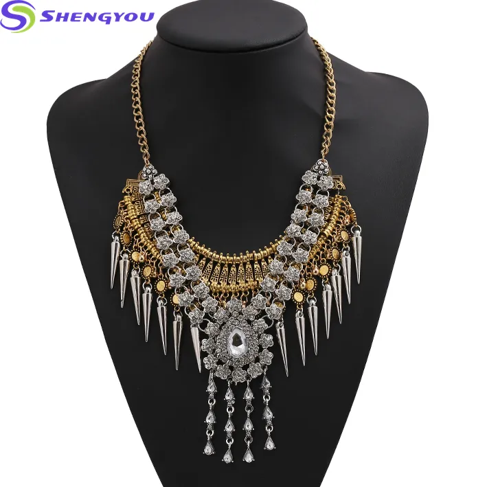 Vrouwen Sieraden Twee Tonen Antalya Prachtige Overdreven Rhinestone Vergulde Bloem Vormige Kwastje Statement Ketting