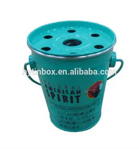 small metal tin bucket ashtray with lid and handle