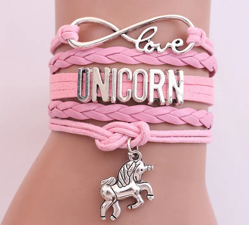 2019 Hot Sale Multilayer Colorful Braided Leather Pink Bracelet Ladies Girls Unicorn Charm Bracelet Wholesale