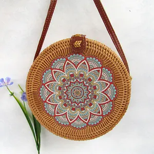 Stylish Beach Rattan Bag - Round Small Handwoven Bag with Leather Strap for Women- Bohemian Woven Rattan Purse