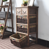 Armoire de rangement en bois rustique brun, commode convertible, meubles de salon, 4 tiroirs de style panier en maïs doublés pour la chambre à coucher