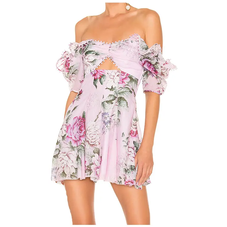 Trendy women clothing Hidden shoulders floral print party dress