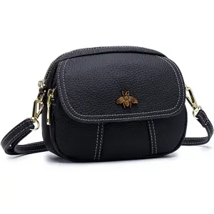 Tas Bahu Kecil Kulit Asli untuk Wanita, Tas Tangan Bulat Mini Bee Cross Body