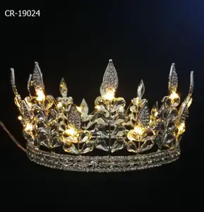 2018 hojas brillantes Led aleación pelo Tiara completo redondo rey corona para fiesta