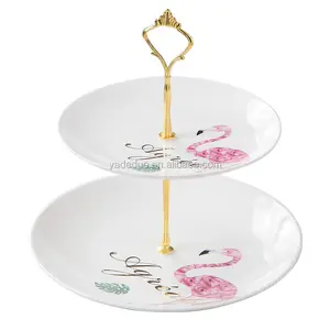 Platos de cerámica para decoración de fiestas de boda, vajilla de porcelana, plato de pastel de 2 capas con soporte dorado