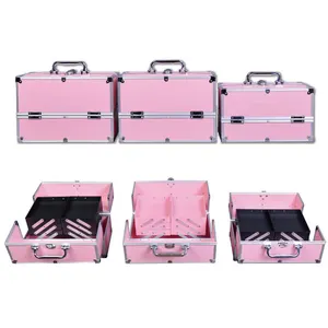 Roze Dubbele Open Heavy Duty Draagbare Aluminium Cosmetica Opslag Make Set