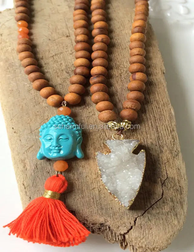 N00957 Long buddha Wood Beads Necklace,Boho wood beads tassel necklace