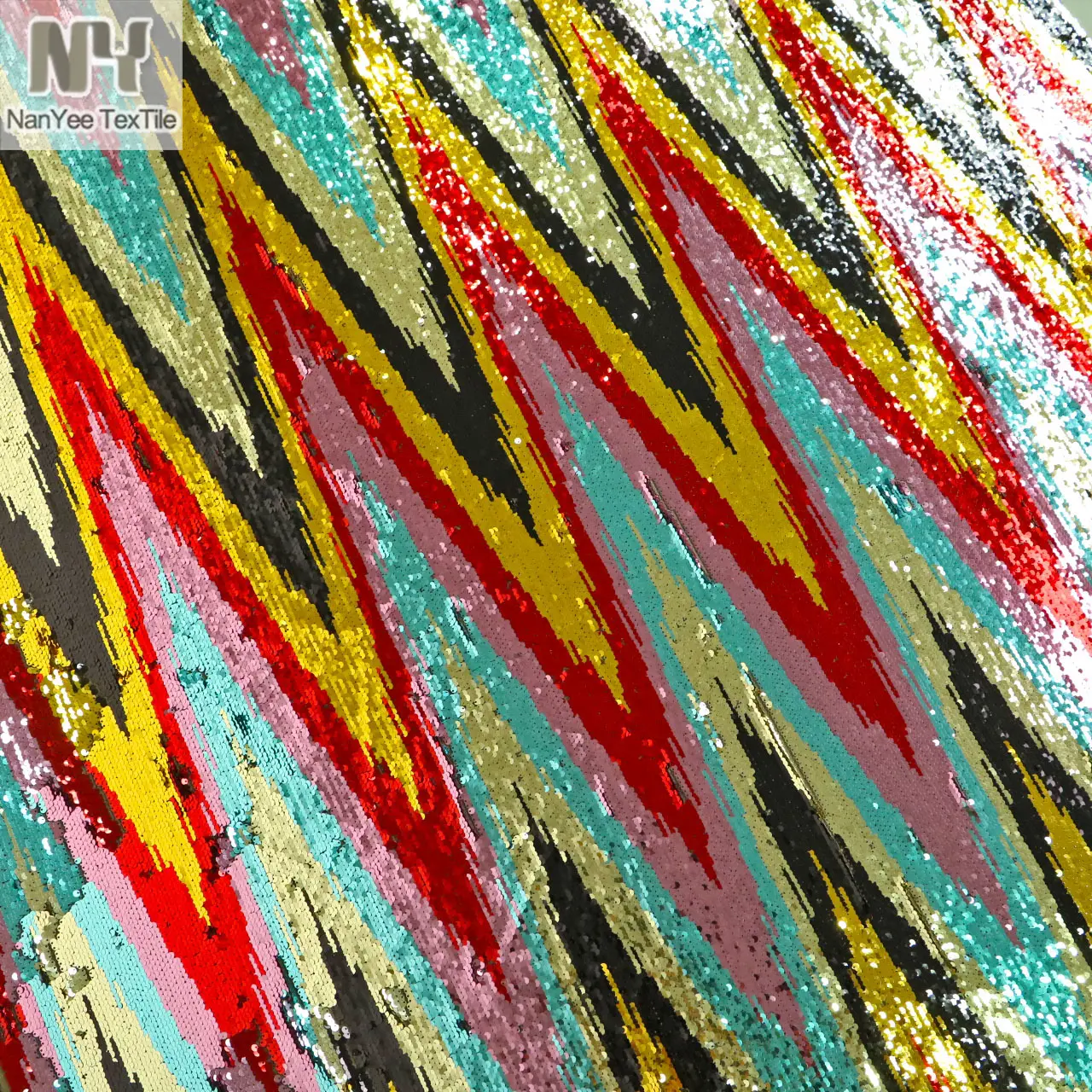 Nanyee Textile Shaoxing NEU Rainbow Wave Cluster Schwarz Rot Pailletten Zickzack Stoff