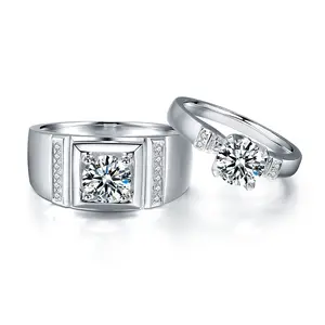 定制Au750 18k白金订婚戒指1ct碳硅石钻石情侣戒指设置为男士和女士