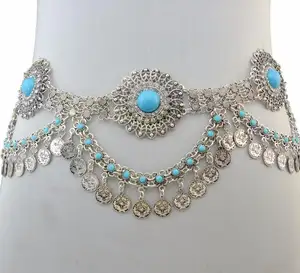 Cadena de cintura con flor hueca para mujer, cinturón de danza con moneda de piedra azul, cadena de vientre, joyería Tribal India turca de verano