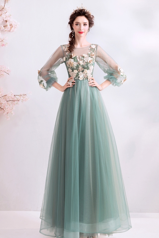 Luxury Jade Green Beaded Flower Decorate Plus Size Evening Gowns Sequined  Tulle Long Evening Dresses