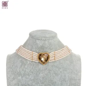 De luxe jaune topaze diamant collier conception beige perles chaîne 6 brins femmes bijoux