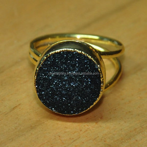Bague de pierres précieuses à facettes rondes, nouveau Design en argent noir druse, bijou fait à la main en plaqué or - Product Image 2